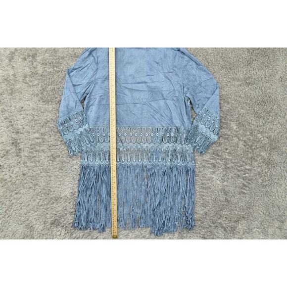 Chico's Women's Blue Open Cardigan Size 2 Polyester Geometric Suede - Picture 6 of 10